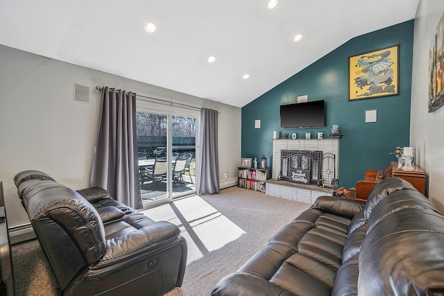 living area featuring recessed lighting, vaulted ceiling, carpet flooring, and a fireplace