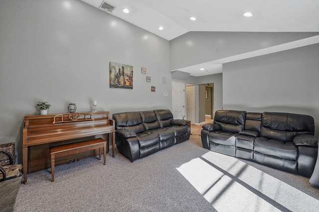 carpeted living room featuring high vaulted ceiling, visible vents, and recessed lighting