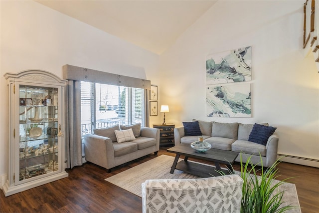 living room featuring high vaulted ceiling, dark wood-style flooring, and a baseboard radiator