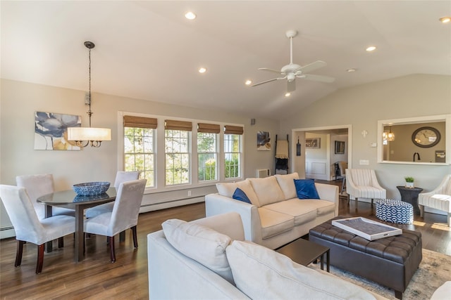 living room with lofted ceiling, recessed lighting, baseboard heating, ceiling fan, and wood finished floors