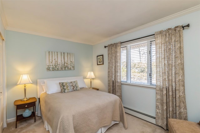 bedroom featuring a baseboard heating unit, ornamental molding, and carpet flooring