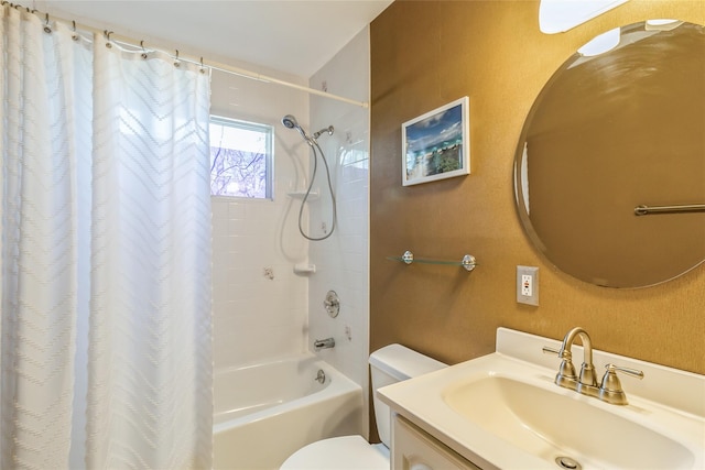 bathroom featuring shower / bath combination with curtain, vanity, and toilet