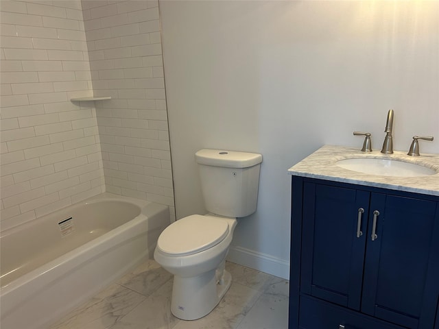 full bathroom featuring marble finish floor, baseboards, vanity, and toilet