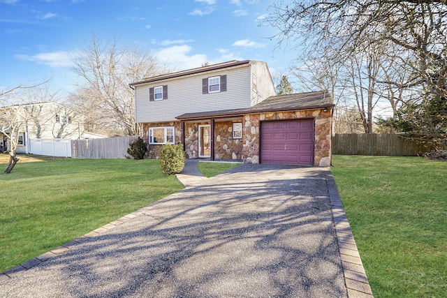 view of front facade with an attached garage, fence, driveway, stone siding, and a front lawn