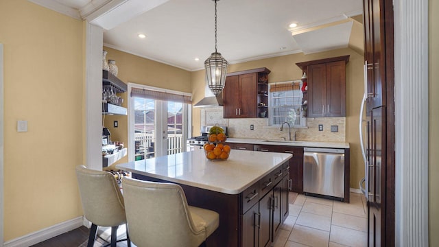 kitchen featuring a sink, light countertops, stainless steel dishwasher, open shelves, and tasteful backsplash