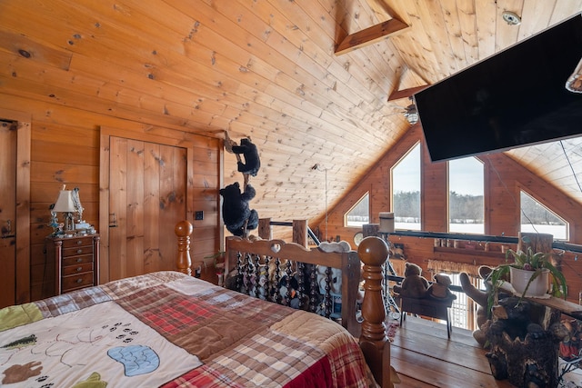 bedroom featuring vaulted ceiling, wood walls, and wood ceiling