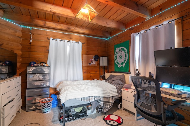 bedroom with wood ceiling, beamed ceiling, and carpet flooring