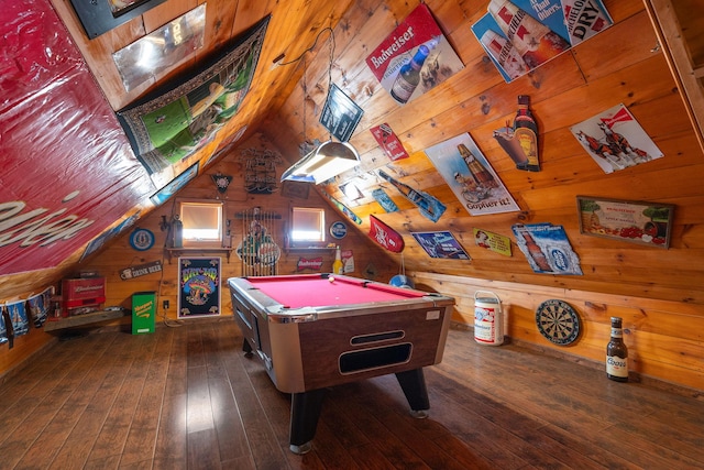 recreation room featuring dark wood-style floors, pool table, wood walls, and vaulted ceiling