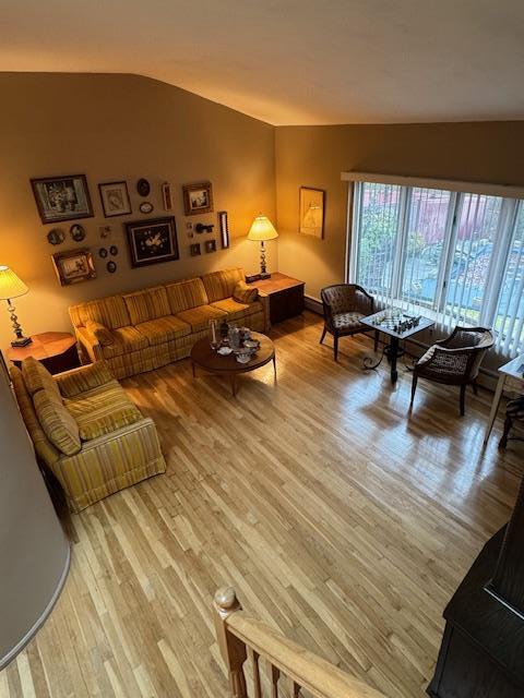 living room with vaulted ceiling and light wood-type flooring