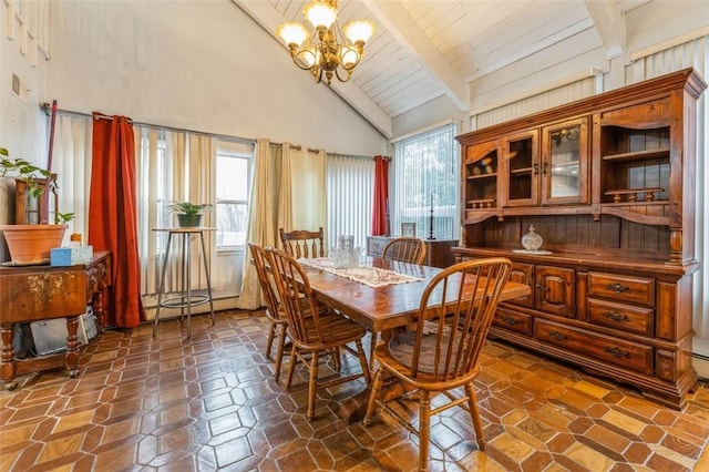 dining room featuring high vaulted ceiling, wood ceiling, a chandelier, and beamed ceiling