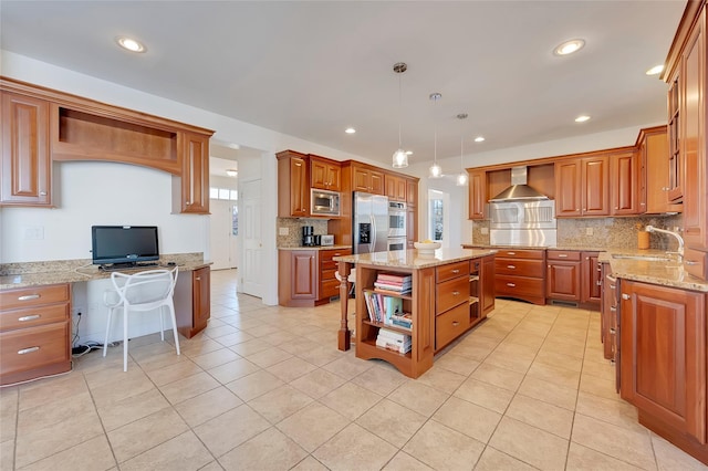 kitchen featuring a center island, stainless steel appliances, wall chimney range hood, open shelves, and a sink