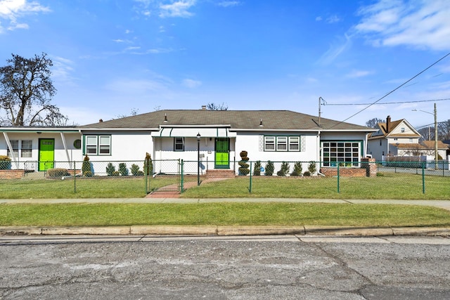 view of front of house with a front lawn, a fenced front yard, and stucco siding