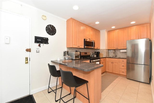 kitchen with stainless steel appliances, tasteful backsplash, a peninsula, and a sink