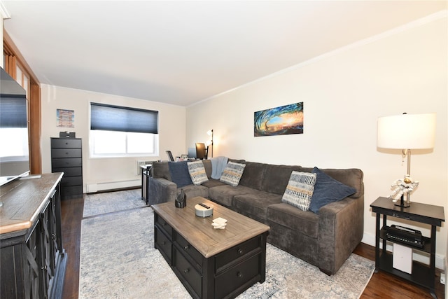 living room with a baseboard radiator, baseboards, wood finished floors, and ornamental molding