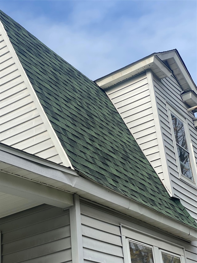 view of property exterior with roof with shingles