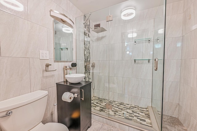 full bath featuring toilet, vanity, a shower stall, and tile walls