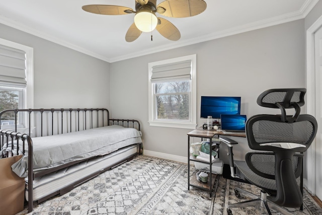 bedroom with a ceiling fan, baseboards, and ornamental molding