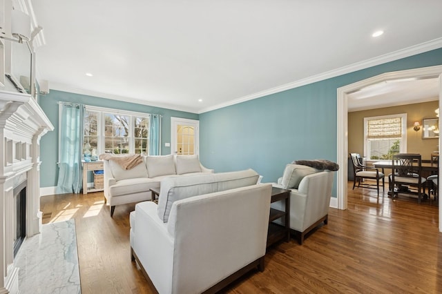 living area featuring a premium fireplace, ornamental molding, wood finished floors, and recessed lighting