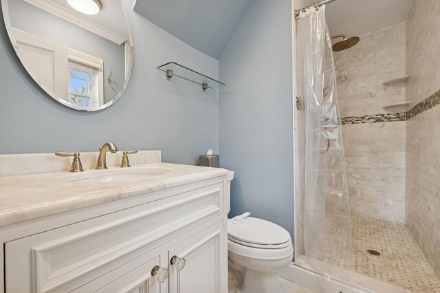 bathroom featuring tiled shower, vanity, and toilet