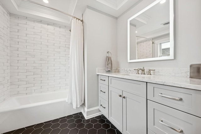 bathroom featuring vanity, visible vents, tile patterned floors, shower / bath combination with curtain, and crown molding