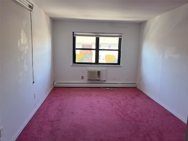 unfurnished room featuring a baseboard heating unit, carpet flooring, baseboards, and a wall mounted AC