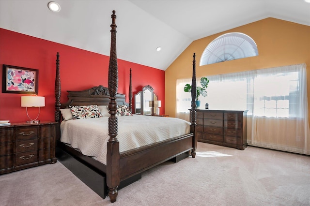 bedroom featuring recessed lighting, lofted ceiling, and carpet