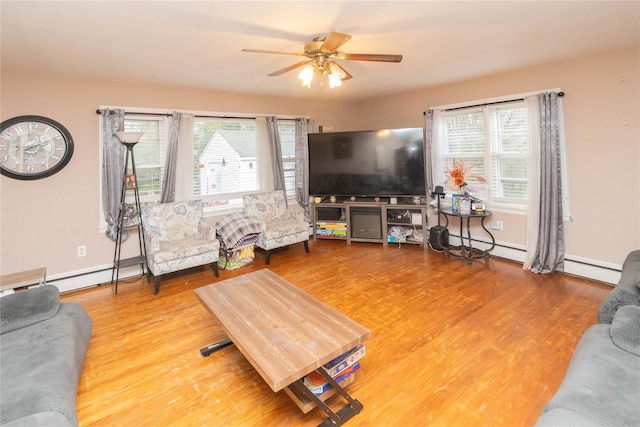 living room featuring a baseboard radiator, a healthy amount of sunlight, ceiling fan, and wood finished floors