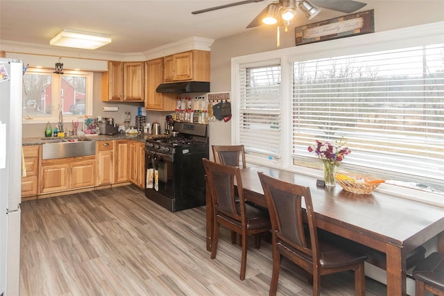 kitchen featuring light wood-style floors, freestanding refrigerator, gas range oven, under cabinet range hood, and a sink