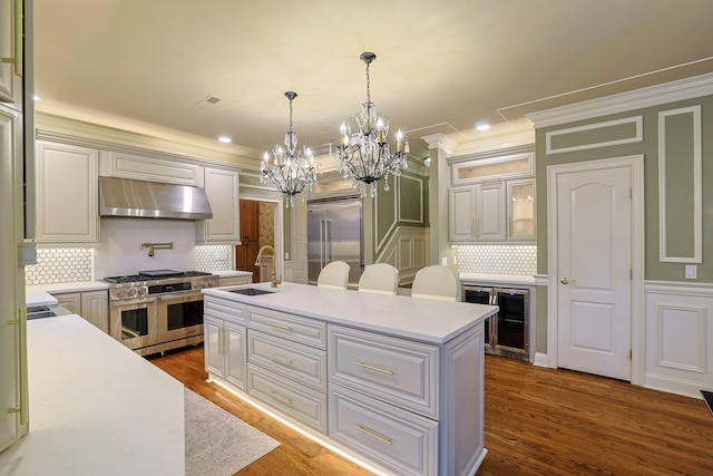 kitchen featuring light countertops, a sink, an island with sink, high quality appliances, and under cabinet range hood