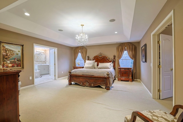 bedroom featuring light carpet, baseboards, a raised ceiling, and recessed lighting