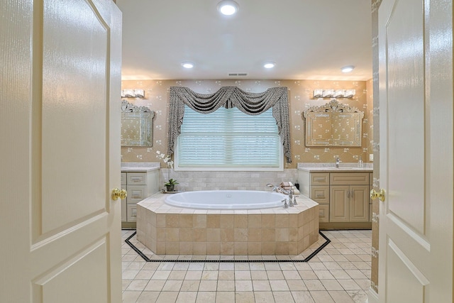 full bathroom with wallpapered walls, visible vents, tile patterned floors, vanity, and a bath