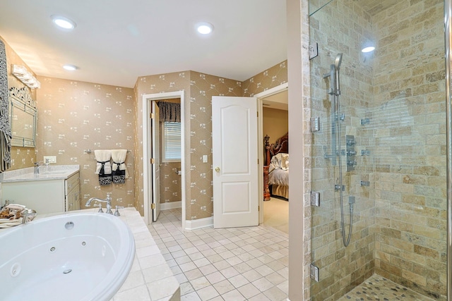 bathroom with a whirlpool tub, tile patterned flooring, a shower stall, and wallpapered walls