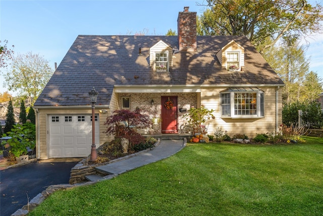 cape cod home with a chimney, aphalt driveway, an attached garage, a front lawn, and brick siding