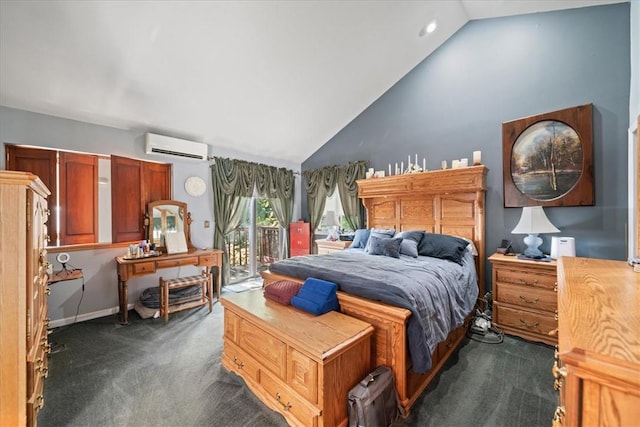 bedroom featuring baseboards, vaulted ceiling, access to outside, a wall mounted AC, and dark colored carpet