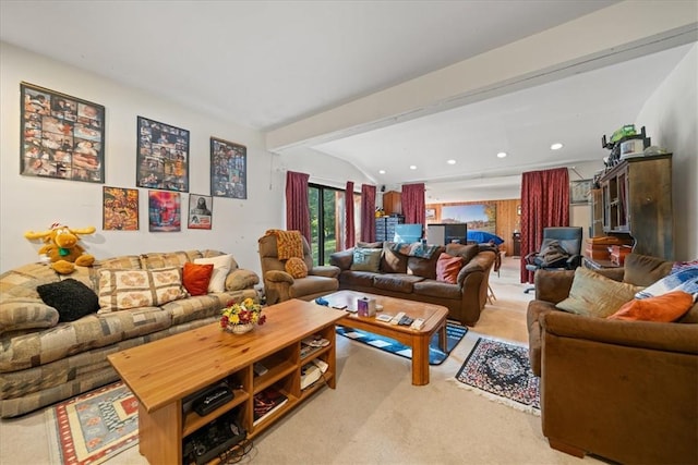 living area featuring carpet floors, beamed ceiling, and recessed lighting