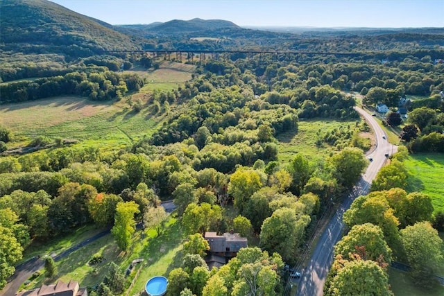 aerial view featuring a mountain view and a wooded view