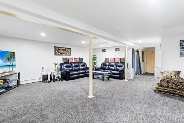 carpeted living area with baseboard heating and recessed lighting