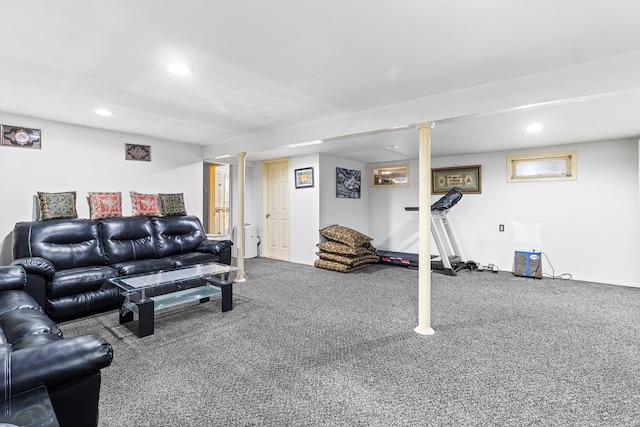 carpeted living room with recessed lighting