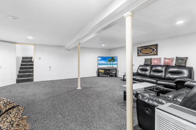 living room with stairs, carpet floors, and recessed lighting