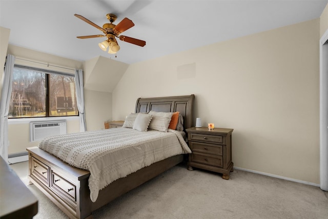bedroom with baseboards, a baseboard radiator, ceiling fan, an AC wall unit, and light colored carpet