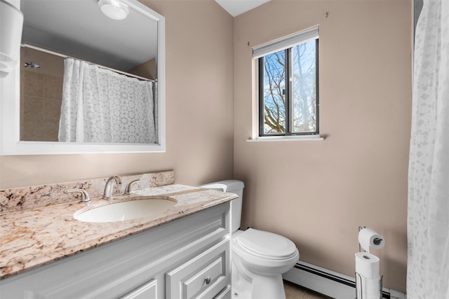 full bathroom featuring tile patterned flooring, curtained shower, toilet, baseboard heating, and vanity