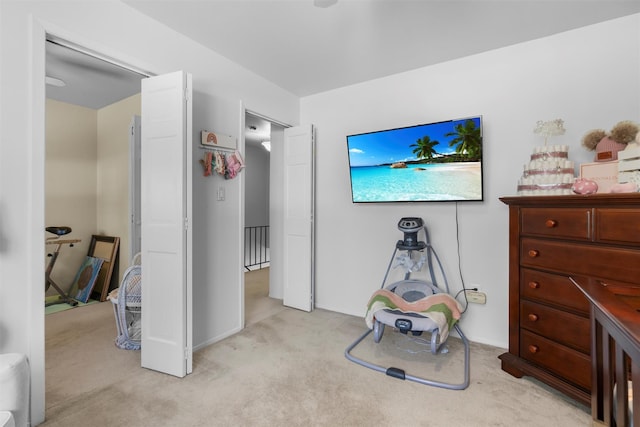 bedroom with light carpet