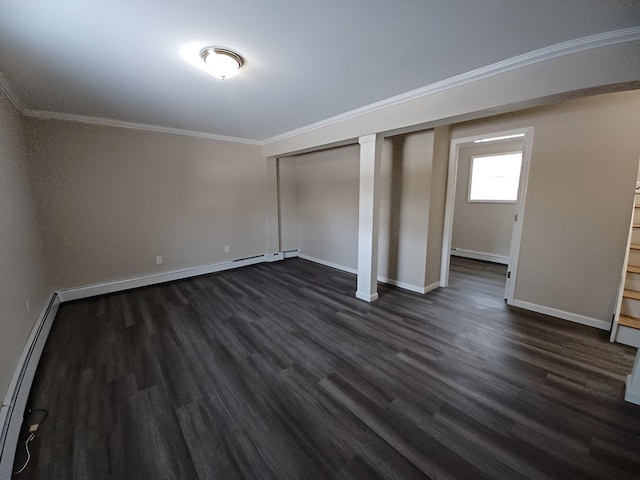 unfurnished bedroom with dark wood-style floors, a baseboard radiator, baseboards, and crown molding