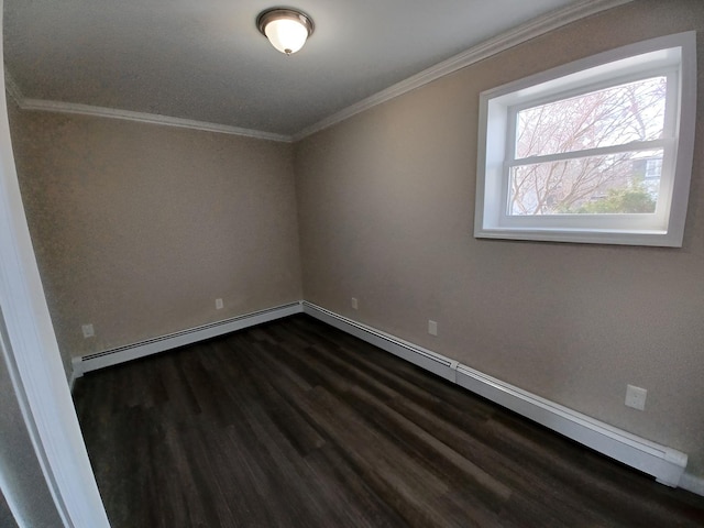 unfurnished room featuring ornamental molding, baseboards, baseboard heating, and dark wood-style floors