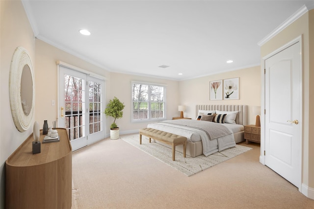 bedroom with recessed lighting, access to outside, crown molding, and carpet floors
