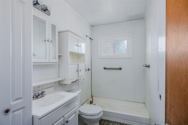 bathroom featuring toilet, a shower stall, and vanity