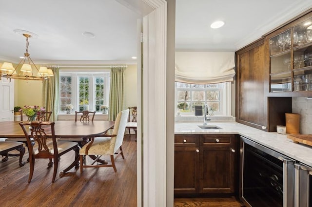 interior space featuring beverage cooler, dark wood-type flooring, an inviting chandelier, and ornamental molding