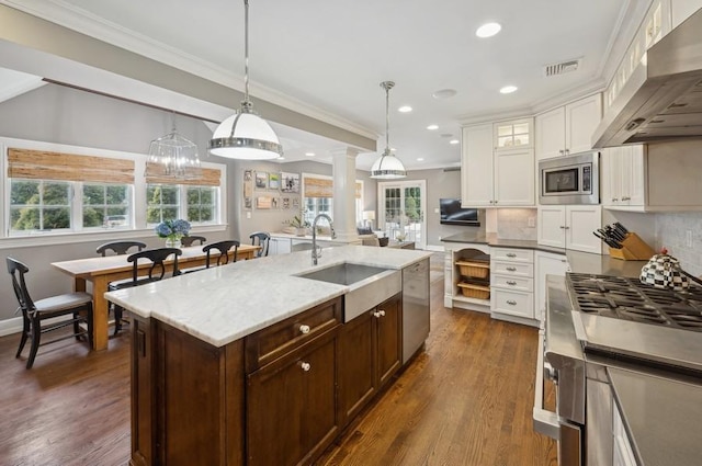 kitchen featuring visible vents, a sink, stainless steel appliances, extractor fan, and tasteful backsplash