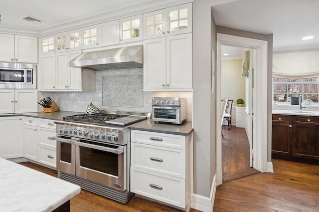 kitchen featuring visible vents, dark wood-style floors, white cabinetry, ventilation hood, and appliances with stainless steel finishes