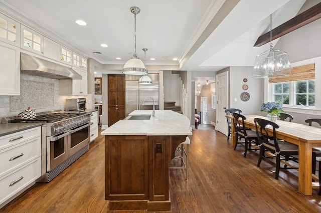 kitchen featuring tasteful backsplash, glass insert cabinets, dark wood-type flooring, premium appliances, and a sink